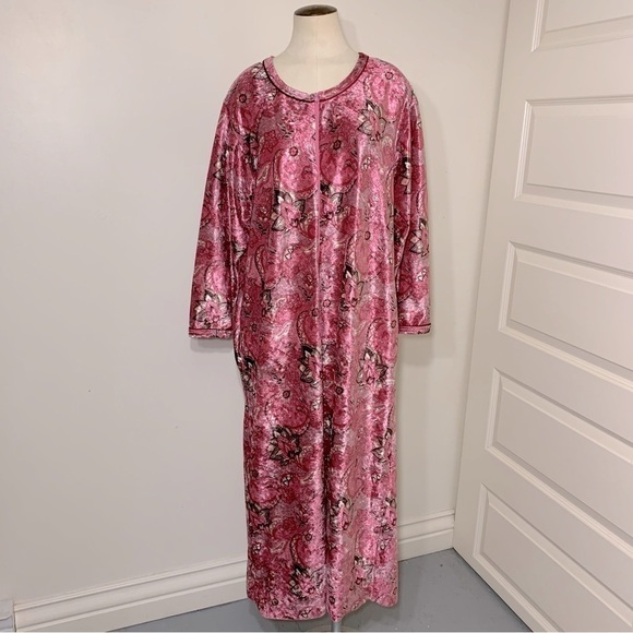 VINTAGE carroll reed pink velour paisley floral zippered lounge dress robe L/XL - Picture 4 of 13